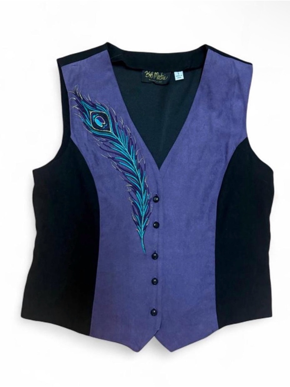 Bob Mackie vintage purple colorblock purple peacock vest wearable art faux suede